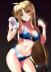Rule 34 | 1girl, artificial vagina, blonde hair, blue bra, blue panties, bra, breasts, fate testarossa, highres, large breasts, lingerie, lips, long hair, looking at viewer, lube, lyrical nanoha, mahou shoujo lyrical nanoha, motion lines, navel, open mouth, panties, red eyes, sen (sansui), sex toy, shiny skin, smile, solo, standing, tenga, underwear