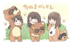 Rule 34 | 3girls, :3, ^ ^, animal costume, black eyes, black hair, blush, brown hair, bush, character request, chibi, closed eyes, commentary request, copyright request, hand to own mouth, long hair, mascot costume, mascot head, multiple girls, raccoon costume, standing, taneda yuuta, twintails