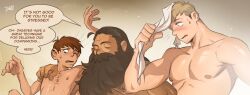 Rule 34 | 3boys, bara, beard, blush, chilchuck tims, dantesrealm, dungeon meshi, dwarf, english text, facial hair, full beard, handjob, highres, laios touden, large pectorals, long beard, male focus, mature male, multiple boys, muscular, muscular male, mustache, out-of-frame censoring, paid reward available, pectorals, sauna, senshi (dungeon meshi), sparse chest hair, steam, surprised, thick beard, thick mustache, towel, upper body, very long beard, yaoi
