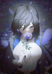 Rule 34 | 1girl, antenna hair, arm at side, artist name, ascot, belt, black hair, blazer, blue flower, blue rose, blurry, blurry background, blurry foreground, breasts, chinese commentary, chromatic aberration, collared shirt, commentary, dark background, dated, depth of field, falling petals, flower, from above, gloves, guigui (nwtj7322), hair between eyes, hand up, highres, holding, holding flower, jacket, lapels, large breasts, long hair, long sleeves, one eye closed, open clothes, open jacket, original, petals, purple eyes, rose, shirt, shirt tucked in, signature, smelling flower, solo, standing, upper body, v-shaped eyebrows, very long hair, vignetting, white ascot, white gloves