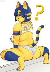 Rule 34 | 1girl, :&lt;, ?, animal crossing, animal ears, ankha (animal crossing), ass, breasts, closed mouth, colored skin, commentary, english commentary, furry, furry female, highres, large breasts, legs, looking back, md5 mismatch, nintendo, plump, poyoart, self-upload, sitting, solo, tail, thick thighs, thighs, twitter username, underboob, watermark, yellow skin