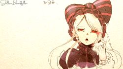 Rule 34 | 1girl, artist request, blonde hair, bow, dress, gothic lolita, highres, lolita fashion, long hair, looking at another, monochrome, open mouth, overlord (maruyama), red eyes, ribbon, shalltear bloodfallen, simple background, solo, spentworth, standing, third-party source