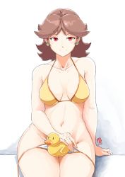 Rule 34 | 1girl, automatic giraffe, bikini, bikini top only, bird, breasts, breasts apart, brown hair, cleavage, convenient censoring, covering crotch, covering privates, duck, earrings, female focus, flower earrings, jewelry, large breasts, long hair, looking at viewer, mario (series), navel, nintendo, princess daisy, red eyes, rubber duck, smile, solo, super mario land, swimsuit, teasing, toy, yellow bikini