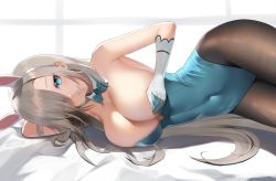 Rule 34 | 1girl, animal ears, arm behind head, arm up, asuna (blue archive), asuna (bunny) (blue archive), bare shoulders, bed sheet, blue archive, blue bow, blue bowtie, blue eyes, blue leotard, bow, bowtie, breasts, brown pantyhose, cleavage, commentary, covered navel, cowboy shot, detached collar, eyes visible through hair, fake animal ears, gloves, grey hair, grin, hair over one eye, hair spread out, hairband, hand up, large breasts, leotard, long hair, looking at viewer, lying, on side, pantyhose, parted lips, playboy bunny, rabbit ears, smile, solo, strapless, strapless leotard, symbol-only commentary, very long hair, white background, white gloves, white hairband, yomi1221