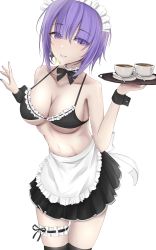 Rule 34 | 1girl, :d, absurdres, alternate hairstyle, apron, bikini, bikini top only, black bikini, black bow, black bowtie, black skirt, black thighhighs, bow, bowtie, breasts, cleavage, coffee cup, collarbone, cup, disposable cup, eyebrows hidden by hair, eyes visible through hair, hair between eyes, highres, hololive, hololive indonesia, light blush, looking at viewer, maid, maid bikini, maid headdress, makeitezz21, medium breasts, moona hoshinova, multicolored hair, nail polish, open mouth, plate, pleated skirt, purple eyes, ribbon-trimmed bikini, ribbon trim, short hair, simple background, skirt, smile, solo, spoon, swimsuit, thigh strap, thighhighs, tray, two-tone hair, unconventional maid, underboob, virtual youtuber, white background, wrist cuffs