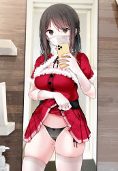 Rule 34 | 1girl, black eyes, black hair, black panties, breasts, christmas, clothes lift, earrings, fur trim, gloves, highres, jewelry, large breasts, lifted by self, long hair, looking at viewer, mask, mole, mole on thigh, mole under eye, mouth mask, oouso, original, panties, pleated skirt, santa costume, selfie, short sleeves, skirt, skirt lift, solo, surgical mask, thighhighs, underwear, white gloves, white thighhighs