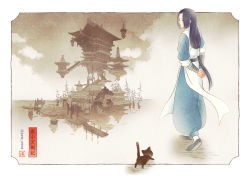 Rule 34 | 2boys, arms behind back, black cat, black hair, building, cat, closed eyes, june mina, long hair, low-tied long hair, luo xiaohei, luo xiaohei (cat), luo xiaohei zhanji, multiple boys, reflection, standing, tree, very long hair, wide shot, wuxian (the legend of luoxiaohei)