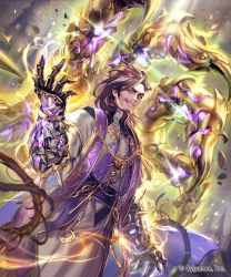 Rule 34 | 1boy, brown hair, facial hair, floating, floating object, gauntlets, glowing, grey hair, highres, jewelry, lee hyeseung, male focus, multicolored hair, necklace, official art, priest, red eyes, robe, sash, shadowverse, smile, solo, streaked hair