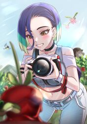 Rule 34 | 1girl, absurdres, bare shoulders, black choker, black shirt, blue hair, blue sky, blush, bob cut, breasts, brown eyes, camera, choker, cleavage, collarbone, creatures (company), crop top, day, denim, dipplin, flying, forest, game freak, gen 2 pokemon, gen 8 pokemon, grass, grey shirt, grin, highres, holding, holding camera, hoppip, huan ye, jeans, looking at another, loose hair strand, medium breasts, midriff, multicolored hair, multiple others, nature, navel, nintendo, pants, perrin (pokemon), pokemon, pokemon sv, ribbed shirt, rookidee, shirt, skwovet, sky, sleeveless, sleeveless shirt, smile, sunlight, two-tone hair, undershirt, v-neck, watch, wide hips, wristwatch