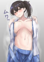 Rule 34 | 1girl, absurdres, blue hakama, blush, breasts, breasts apart, brown eyes, brown hair, check commentary, closed mouth, collarbone, commentary request, cowboy shot, grey background, hair between eyes, hakama, hakama skirt, highres, japanese clothes, kaga (kancolle), kantai collection, ken (shutenndouji1), kimono, large breasts, long hair, navel, no bra, open clothes, open kimono, short hair, side ponytail, simple background, skirt, solo, steam, stomach, sweat, undressing