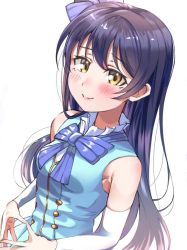 Rule 34 | 1girl, blue hair, blush, bow, closed mouth, commentary request, detached sleeves, dress, fingers together, hair between eyes, hair bow, hair ornament, long hair, looking at viewer, love live!, love live! school idol festival, love live! school idol project, ribbon, shaka (staito0515), simple background, smile, solo, sonoda umi, standing, start:dash!!, steepled fingers, upper body, white background, yellow eyes