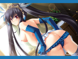 Rule 34 | 1girl, ass, black hair, blue gloves, blue panties, blush, breasts, diadem, elbow gloves, feather hair ornament, feathers, gloves, hair ornament, highres, indoors, kamidori alchemy meister, letterboxed, light, long hair, looking back, nipples, official art, official wallpaper, panties, panty pull, red eyes, skirt, solo, sunlight, topless, twintails, underwear, undressing, very long hair, yakuri, yuela