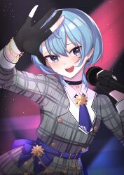 Rule 34 | 1girl, :d, arm up, black choker, black gloves, blue eyes, blue hair, blue nails, blush, choker, collared shirt, commentary request, earrings, gloves, grey jacket, grey skirt, hair between eyes, hand up, head tilt, highres, holding, holding microphone, hololive, hoshimachi suisei, hoshimachi suisei (1st costume), jacket, jewelry, looking at viewer, microphone, nail polish, nanana narang, open mouth, partially fingerless gloves, plaid, plaid jacket, plaid skirt, shirt, skirt, smile, solo, star (symbol), star in eye, symbol in eye, virtual youtuber, white shirt