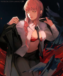 Rule 34 | 1girl, bird, black background, black jacket, black necktie, black pants, black suit, bra, braid, chainsaw man, collared shirt, commentary, cowboy shot, crow, feathers, formal, highres, jacket, lace, lace-trimmed bra, lace trim, lanhacy, leaning forward, long hair, looking to the side, makima (chainsaw man), midriff, necktie, open clothes, open shirt, pants, patreon username, red bra, red hair, red pupils, removing jacket, shirt, side braid, single braid, smile, solo, standing, suit, underwear, white shirt, yellow eyes