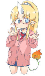 1girl blonde_hair blue_eyes blue_skirt cardigan closed_mouth collared_shirt croixsan futaba_channel glasses hands_up horns image_sample kirin_(nijiura_maids) long_hair long_sleeves miniskirt necktie nijiura_maids pink_cardigan pleated_skirt pointy_ears ponytail red-framed_eyewear red_necktie semi-rimless_eyewear shirt simple_background single_horn skirt sleeves_past_wrists smile solo split_mouth tail under-rim_eyewear white_background white_horns white_shirt