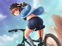 Rule 34 | 1girl, ass, bicycle, bike shorts, blue sky, breasts, day, fingerless gloves, gloves, helmet, jacket, medium breasts, midriff, mountain bicycle, multicolored hair, my little pony, my little pony: friendship is magic, ninjaham, open clothes, open jacket, personification, pink eyes, rainbow dash, rainbow hair, short hair, sky, smile, socks, solo, sports bra, v