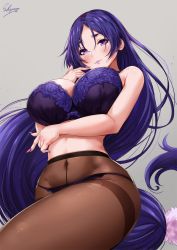 Rule 34 | 1girl, arm under breasts, artist name, bare shoulders, blush, bra, breasts, closed mouth, commentary request, covered navel, crotch seam, fate/grand order, fate (series), grey background, hair between eyes, highres, hip focus, large breasts, long hair, looking at viewer, low-tied long hair, minamoto no raikou (fate), nail polish, navel, panties, panties under pantyhose, pantyhose, parted bangs, purple bra, purple eyes, purple hair, purple nails, purple panties, sakiyamama, signature, simple background, smile, solo, thighband pantyhose, thighs, underwear, very long hair