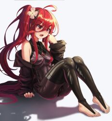 Rule 34 | 1girl, absurdres, ass, bare shoulders, blush, feet, flower, full body, hair flower, hair ornament, hair over breasts, highres, jewelry, long hair, looking at viewer, necklace, red eyes, red hair, shadow, shakugan no shana, shana, sitting, skin tight, solo, thighhighs over bodysuit, toeless legwear, toes, usd (wwkr2537), very long hair