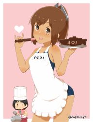 Rule 34 | 10s, 2girls, apron, black hair, bowl, brown eyes, brown hair, capriccyo, character name, chef hat, chibi, chocolate, contrapposto, cowboy shot, hat, highres, i-401 (kancolle), kantai collection, maru-yu (kancolle), multiple girls, one-piece swimsuit, open mouth, plate, ponytail, sailor collar, school swimsuit, short hair, short ponytail, spatula, standing, submarine, swimsuit, toque blanche, torpedo, twitter username, watercraft, white one-piece swimsuit, white school swimsuit