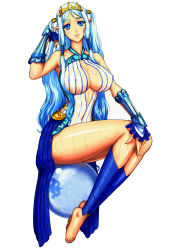 Rule 34 | 1girl, absurdres, arm guards, barefoot, blue eyes, blue hair, breasts, cleavage, eiwa, feet, hair ornament, hair tubes, head tilt, highres, jewelry, large breasts, long hair, looking at viewer, matching hair/eyes, mermaid, monster girl, official art, parted lips, pointy ears, princess, queen&#039;s blade, queen&#039;s blade grimoire, queen&#039;s blade rebellion, scan, sitting, smile, solo, tina (queen&#039;s blade), toes, wet, wet clothes