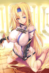 Rule 34 | 1girl, absurdly long hair, blonde hair, blue eyes, breasts, commentary, feet, gloves, guilty gear, guilty gear xx, headband, highres, kagato (artist), large breasts, long hair, looking at viewer, millia rage, momiyama, outdoors, pillar, solo, sunlight, thighs, very long hair