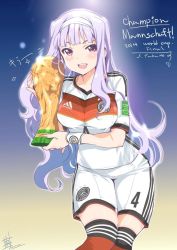 Rule 34 | 1girl, 2014 fifa world cup, adidas, benedikt howedes, blush, breasts, dated, fifa world cup trophy, german flag, german text, germany, hairband, idolmaster, idolmaster (classic), inoue sora, jersey, jpeg artifacts, jules rimet trophy, large breasts, long hair, looking at viewer, open mouth, purple eyes, shijou takane, shorts, signature, silver hair, smile, soccer, soccer uniform, solo, sportswear, thighhighs, trophy, world cup