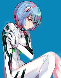 Rule 34 | 1girl, absurdres, ayanami rei, blue background, blue hair, bodysuit, breasts, brown eyes, gloves, hand on own arm, hand up, highres, looking at viewer, neon genesis evangelion, plugsuit, richard-kun, short hair, simple background, sitting, small breasts, solo, white bodysuit, white gloves