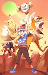 Rule 34 | 1boy, :3, arm up, artist name, ash ketchum, bad id, bad twitter id, baseball cap, black eyes, black hair, black pants, blue footwear, blue shirt, blush stickers, bracelet, brown eyes, clenched hands, closed mouth, colored sclera, creatures (company), day, fangs, full body, game freak, gen 1 pokemon, gen 7 pokemon, glint, green eyes, hair between eyes, hand up, happy, hat, highres, jewelry, legs apart, litten, looking at viewer, lycanroc, lycanroc (dusk), male focus, mei (maysroom), midriff peek, navel, nintendo, open mouth, orange sky, outdoors, pants, pikachu, pokemon, pokemon (anime), pokemon (creature), pokemon sm, pokemon sm (anime), red headwear, rowlet, shirt, shoes, short hair, short sleeves, signature, sky, smile, standing, striped clothes, striped shirt, sun, teeth, tongue, yellow sclera, z-ring