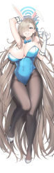 Rule 34 | 1girl, absurdly long hair, absurdres, animal ears, asuna (blue archive), asuna (bunny) (blue archive), bare shoulders, blue archive, blue eyes, blue leotard, blush, breasts, brown pantyhose, cleavage, detached collar, elbow gloves, fake animal ears, full body, gloves, grin, hair over one eye, halo, high heels, highleg, highleg leotard, highres, large breasts, leotard, light brown hair, long hair, looking at viewer, mole, mole on breast, niji (user gaxk2333), pantyhose, playboy bunny, rabbit ears, revision, smile, solo, very long hair, white gloves