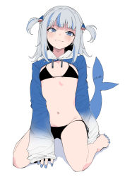 Rule 34 | 1girl, bikini, black bikini, blue eyes, blue hair, blunt bangs, blush, breasts, breasts apart, fins, fish tail, gawr gura, goten (510gensoku), gradient clothes, grey hair, hair ornament, highres, hololive, hololive english, long sleeves, looking at viewer, multicolored hair, nail polish, navel, shark hair ornament, shark tail, shrug (clothing), side-tie bikini bottom, simple background, sleeves past wrists, small breasts, smile, solo, streaked hair, swimsuit, tail, toenail polish, toenails, two side up, virtual youtuber, white background