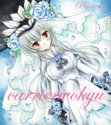 Rule 34 | 10s, 1girl, abyssal ship, artist name, black gloves, blue flower, blue rose, blush, bodysuit, bridal veil, character name, flower, gloves, kantai collection, long hair, pale skin, red eyes, rose, silver hair, solo, tamagoboro, traditional media, veil, wo-class aircraft carrier