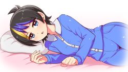 Rule 34 | 1girl, alesro (beatus creation), beatus creation, bed sheet, black hair, blonde hair, blue eyes, blue hair, blue pants, blue shirt, collared shirt, commentary, cougar (cougar1404), long sleeves, looking at viewer, lying, multicolored hair, on bed, on side, open mouth, pajamas, pants, pillow, shirt, short hair, sleepwear, solo, streaked hair, white background