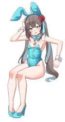 Rule 34 | 1girl, absurdres, animal ears, aningay, arm up, bare legs, bare shoulders, beret, blue bow, blue eyes, blue footwear, blue leotard, blush, bow, breasts, brown hair, copyright request, covered navel, fake animal ears, flower, full body, hair flower, hair ornament, hairclip, hat, head tilt, high heels, highres, leotard, long hair, parted lips, playboy bunny, rabbit ears, red flower, red rose, rose, shoes, simple background, sitting, small breasts, smile, solo, strapless, strapless leotard, twintails, very long hair, white background, white hat, wrist cuffs