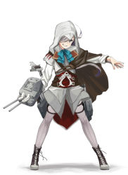 Rule 34 | 1girl, ahoge, asashimo (kancolle), assassin&#039;s creed, assassin&#039;s creed (series), cape, cosplay, cross-laced footwear, entman, ezio auditore da firenze, ezio auditore da firenze (cosplay), full body, grey eyes, grin, hair over one eye, concealed weapon, hidden blade (assassin&#039;s creed), kantai collection, outstretched arm, pantyhose, pun, silver hair, smile, solo, weapon