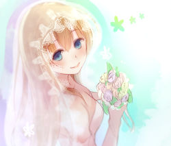 Rule 34 | 1girl, blush, bouquet, breasts, bridal veil, bride, closed mouth, collarbone, elbow gloves, flower, from above, from side, gloves, hair between eyes, holding, holding bouquet, ionasal kkll preciel, medium breasts, mogupon, multicolored background, sketch, smile, solo, surge concerto, upper body, veil
