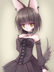 Rule 34 | 1girl, :&lt;, animal ears, artist name, bare shoulders, black dress, black hair, bow, collar, collarbone, cross, detached sleeves, dress, earrings, eyebrows, facial mark, flower, furry, furry female, hand on own chest, jewelry, looking at viewer, maron (1212ama), nail polish, necklace, original, rose, short hair, simple background, solo, tail, yellow eyes