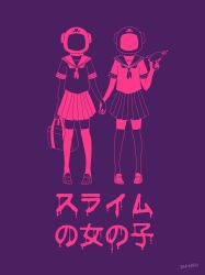 Rule 34 | arm at side, arm up, arms at sides, commentary, eggloaf, english commentary, facing viewer, full body, gun, holding hands, heart, helmet, highres, holding, holding gun, holding weapon, loafers, monochrome, neckerchief, pink theme, pleated skirt, sailor collar, shoes, short sleeves, side-by-side, simple background, skirt, standing, thighhighs, weapon, zettai ryouiki