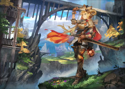 Rule 34 | 1girl, armor, blonde hair, bridge, brown gloves, cape, cocoaore, gloves, green eyes, helmet, holding, holding sword, holding weapon, lantern, long hair, looking away, original, red cape, scenery, sheath, sheathed, solo, sword, weapon