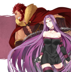 Rule 34 | 1boy, 1girl, bare shoulders, beard, black dress, breasts, cape, chain, clenched teeth, collar, collarbone, crossover, detached sleeves, dress, facial hair, facial mark, fate/stay night, fate/zero, fate (series), forehead mark, fur trim, grin, highres, holding, iskandar (fate), large breasts, legs, long hair, medusa (fate), medusa (rider) (fate), muscular, nameless dagger (fate), neck, purple eyes, purple hair, red eyes, red hair, serious, short dress, short hair, simple background, smile, square pupils, strapless, strapless dress, teeth, thighhighs, very long hair, ycco (estrella)