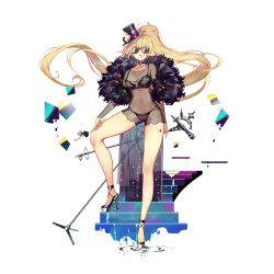 Rule 34 | 1girl, bare legs, black footwear, black hat, black surge night, blonde hair, bra, breasts, character request, cleavage, feather boa, floating hair, full body, hat, high heels, highres, holding, holding microphone stand, long hair, luode huayuan, medium breasts, microphone, microphone stand, nipples, panties, parted lips, ponytail, see-through, simple background, solo, sunglasses, tilted headwear, top hat, underwear, very long hair, white background