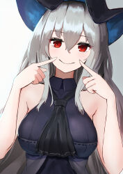 Rule 34 | 1girl, absurdres, arknights, ascot, bare arms, bare shoulders, black ascot, black headwear, black shirt, breasts, commentary, grey background, grey hair, hands up, highres, hiun64, large breasts, long hair, looking at viewer, red eyes, shirt, skadi (arknights), sleeveless, sleeveless shirt, smile, solo, upper body, very long hair