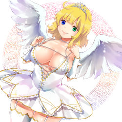 Rule 34 | 10s, 1girl, ahoge, bad id, bad pixiv id, bare shoulders, blonde hair, blue eyes, breasts, cleavage, dress, green eyes, happy, heterochromia, jewelry, koshika rina, large breasts, necklace, pearl necklace, ribbon, ryouna (senran kagura), senran kagura, senran kagura shinovi versus, short hair, smile, solo, standing, thick thighs, thigh gap, thighhighs, thighs, tiara, viceco03talis, white thighhighs, wings