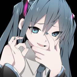 Rule 34 | 1girl, aqua eyes, aqua hair, aqua nails, bare shoulders, black background, collared shirt, detached sleeves, hair between eyes, hair ornament, hand on own face, hatsune miku, highres, long hair, looking at viewer, nail polish, necktie, ok sign, open mouth, ryuuga sazanami, shirt, smile, smirk, solo, twintails, upper body, very long hair, vocaloid