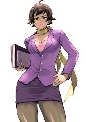 Rule 34 | 1girl, 6maker, absurdres, black hair, blouse, book, breasts, choker, cleavage, contrapposto, formal, highres, holding, holding book, jacket, looking at viewer, makoto (street fighter), medium breasts, office lady, aged up, pantyhose, pencil skirt, purple jacket, purple skirt, ribbon, ribbon choker, shirt, short hair, skirt, skirt suit, solo, standing, street fighter, suit, thighs, toned, white background, yellow ribbon