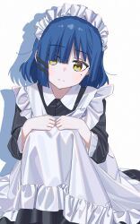 Rule 34 | 1girl, apron, blue hair, bocchi the rock!, commentary request, frilled apron, frills, highres, long skirt, long sleeves, looking at viewer, maid, maid headdress, mole, mole under eye, ryuuforkaf, short hair, skirt, solo, squatting, white apron, white background, yamada ryo, yellow eyes