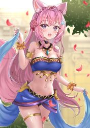 Rule 34 | 1girl, ahoge, animal ears, arlonn, armlet, braid, breasts, bustier, cleavage, crown braid, dancer, fang, hakui koyori, highres, hololive, jewelry, long hair, midriff, navel, petals, pink hair, purple eyes, tail, thigh strap, virtual youtuber