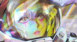 Rule 34 | 1boy, 1girl, absurdres, bojiang, chromatic aberration, coat, commentary, covering face, crying, crying with eyes open, cyberpunk (series), cyberpunk edgerunners, david martinez, floating, hand up, helmet, highres, light rays, lucy (cyberpunk), on moon, parted lips, pink lips, procreate (medium), reflection, scene reference, solo focus, space helmet, spacesuit, spoilers, teardrop, teardrop facial mark, tears, tears from one eye, white hair, yellow coat, yellow eyes