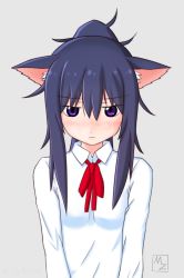 Rule 34 | 10s, 1girl, animal ears, blush, cat ears, commentary request, grey background, highres, himouto! umaru-chan, long hair, looking at viewer, mizoochi, motoba kirie, ponytail, purple eyes, purple hair, shirt, signature, simple background, solo