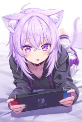 Rule 34 | 1girl, :o, ahoge, animal collar, animal ear fluff, animal ears, belt collar, black choker, black collar, black jacket, cat ears, cat girl, cat tail, choker, collar, collarbone, commentary, deadnooodles, hair between eyes, handheld game console, highres, holding, holding handheld game console, hololive, hood, hoodie, jacket, long sleeves, looking at viewer, lying, medium hair, nekomata okayu, nekomata okayu (1st costume), nintendo switch, on stomach, open mouth, purple eyes, purple hair, purple hoodie, solo, symbol-only commentary, tail, virtual youtuber