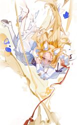 Rule 34 | 1girl, absurdres, animal ear fluff, animal ears, blonde hair, blue archive, bound, commentary request, detached sleeves, dress, falling, forehead, fox ears, fox girl, frilled dress, frills, halo, high heels, highres, long hair, long sleeves, orange eyes, pantyhose, parted bangs, school uniform, seia (blue archive), sentter, serafuku, sidelocks, simple background, sleeves past fingers, sleeves past wrists, solo, tied up (nonsexual), white background, white dress, white footwear, white pantyhose, wide sleeves